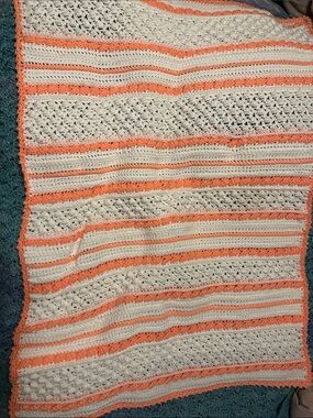 Cream and Peach Striped Crochet Throw Blanket - Handmade Comfort